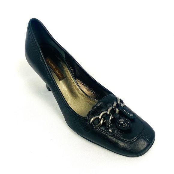 ANTONIO MELANI Black Leather Square Toe Heeled Loafers with Chain Detail - Picture 2 of 7